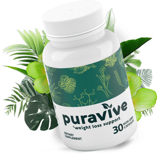 One bottle of the dietary supplement Puravive, positioned in front of green leaves and yellow flowers, highlighting the product's natural and healthy theme.